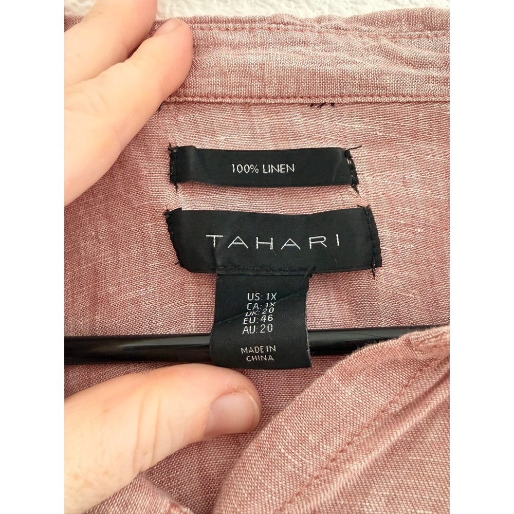 Tahari Womens 1X Dusty Rose Pink 100% Linen Button Down Tunic Roll Tab Shirt - Picture 2 of 7